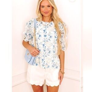 Impressions Darling Glance Blue Floral Crochet  Cottagecore Blouse Size M